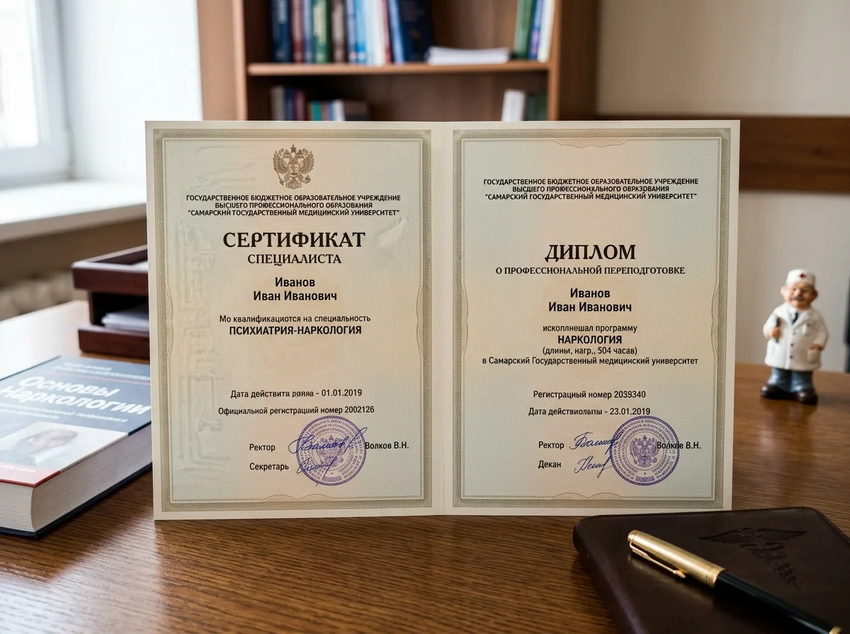 Сертификаты специалиста-нарколога с подписями и гербовыми печатями, профессиональная переподготовка по наркологии, Самара